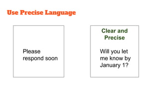 Please
respond soon
Clear and
Precise
Will you let
me know by
January 1?
Use Precise Language
 