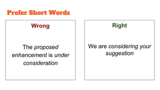 Prefer Short Words
Wrong
The proposed
enhancement is under
consideration
Right
We are considering your
suggestion
 