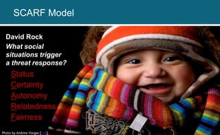 Photo by Andrew Vargas [link]
David Rock
What social
situations trigger
a threat response?
Status
Certainty
Autonomy
Relatedness
Fairness
SCARF Model
 
