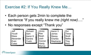 Exercise #2: If You Really Knew Me…
• Each person gets 2min to complete the
sentence “If you really knew me (right now)….”
• No responses except “Thank you”
Richard
Sam
Aaron S
Sandra
Yvelin
Jocey
Rao
Noah
Josh
Connor
Hardy
Marica
Aaron V
James
Stacey
Charles
Stephanie
Dui
Tessa
Scott
Nellie
Ting
Marc
Jeff
Youali
Glass
Alexander
Evan
Caleb
 