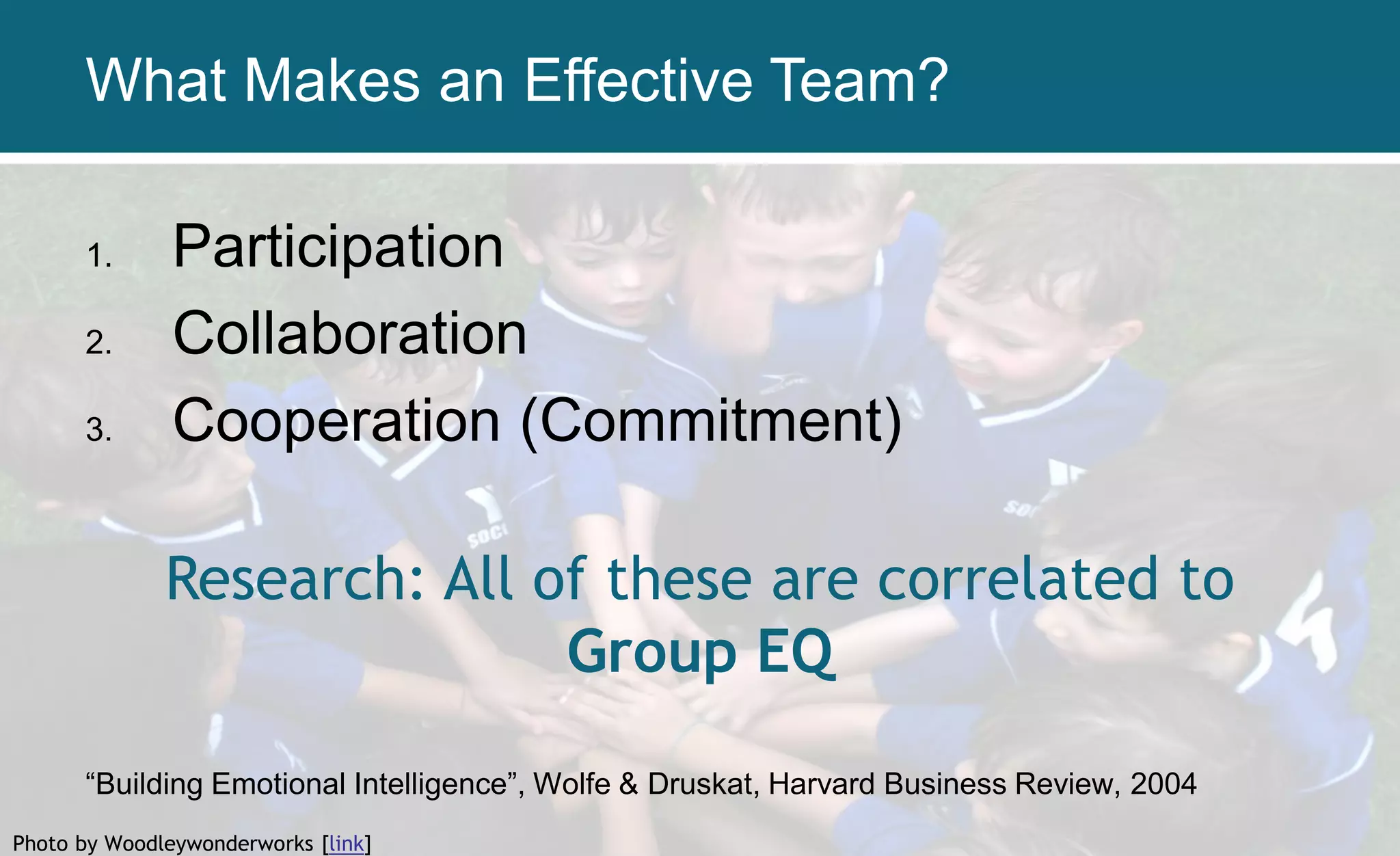 Photo by Woodleywonderworks [link]
What Makes an Effective Team?
1. Participation
2. Collaboration
3. Cooperation (Commitment)
Research: All of these are correlated to
Group EQ
“Building Emotional Intelligence”, Wolfe & Druskat, Harvard Business Review, 2004
 