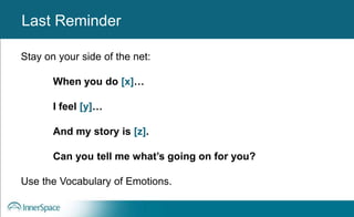 Benefits of Self-Disclosure / VulnerabilityLast Reminder
Stay on your side of the net:
When you do [x]…
I feel [y]…
And my story is [z].
Can you tell me what’s going on for you?
Use the Vocabulary of Emotions.
 