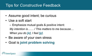 Benefits of Self-Disclosure / VulnerabilityTips for Constructive Feedback
• Assume good intent; be curious
• Use a soft start
– Emphasize mutual goals & positive intent:
My intention is…… / This matters to me because…
When you do [x], I feel [y].
• Be aware of your own stress
• Goal is joint problem solving
 