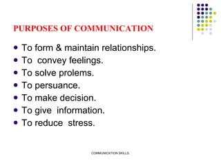 PURPOSES OF COMMUNICATION <ul><li>To form & maintain relationships. </li></ul><ul><li>To  convey feelings. </li></ul><ul><...