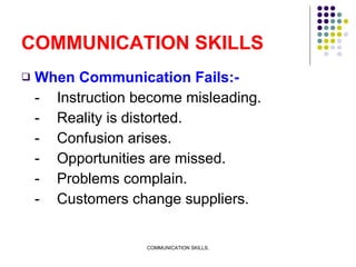 COMMUNICATION SKILLS <ul><li>When Communication Fails:- </li></ul><ul><li>- Instruction become misleading. </li></ul><ul><...