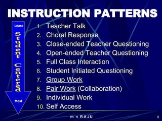 INSTRUCTION PATTERNS Teacher Talk Choral Response Close-ended Teacher Questioning Open-ended Teacher Questioning Full Class Interaction Student Initiated Questioning Group Work Pair Work  (Collaboration) Individual Work Self Access Student Centered Least Most 