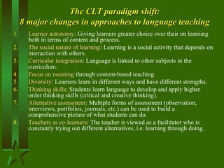 The CLT paradigm shift:The CLT paradigm shift:
8 major changes in approaches to language teaching8 major changes in approaches to language teaching
1. Learner autonomy: Giving learners greater choice over their on learning
both in terms of content and process.
2. The social nature of learning: Learning is a social activity that depends on
interaction with others.
3. Curricular integration: Language is linked to other subjects in the
curriculum.
4. Focus on meaning through content-based teaching.
5. Diversity: Learners learn in different ways and have different strengths.
6. Thinking skills: Students learn language to develop and apply higher
order thinking skills (critical and creative thinking).
7. Alternative assessment: Multiple forms of assessment (observation,
interviews, portfolios, journals, etc.) can be used to build a
comprehensive picture of what students can do.
8. Teachers as co-learners: The teacher is viewed as a facilitator who is
constantly trying out different alternatives, i.e. learning through doing.
 