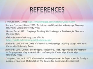 o Youtube.com. (2013) http://www.youtube.com/watch?v=3kRT-rsKxn4
o Larsen-Freeman, Diane. 2000. Techniques and Principles in Language Teaching.
New York: Oxford University Press.

o Nunan, David. 1991. Language Teaching Methodology: A Textbook for Teachers.
Prentice Hall.

o Oxfordlearnersdictionary.com. (2013)
http://oald8.oxfordlearnersdictionaries.com/

o Richards, Jack Clifton. 2006. Communicative language teaching today. New York:
Cambridge University Press.

o Richards, Jack

Clifton, and Rodgers, Theodore S. 1986. Approaches and methods
in language teaching: A description and analysis. Cambridge: Cambridge
University Press.

o Savignon, Sandra J. 1972. Communicative Competence: An Experiment in ForeignLanguage Teaching. Philadelphia: The Centre for Curriculum Development

 