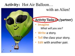 Activity: Hot Air Balloon…
with an Alien!
Activity Tasks (w/partner)
• Imagine
What will you see?
• Write a story.
• Tell the class your story.
• Edit with another pair.
 