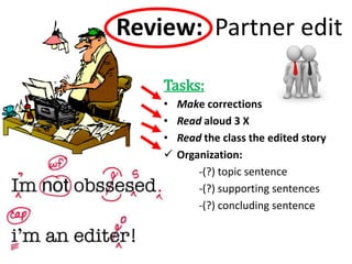 Review: Partner edit
Tasks:
• Make corrections
• Read aloud 3 X
• Read the class the edited story
 Organization:
-(?) topic sentence
-(?) supporting sentences
-(?) concluding sentence
 