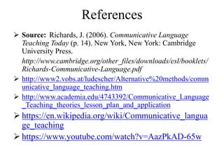 References
 Source: Richards, J. (2006). Communicative Language
Teaching Today (p. 14). New York, New York: Cambridge
University Press.
http://www.cambridge.org/other_files/downloads/esl/booklets/
Richards-Communicative-Language.pdf
 http://www2.vobs.at/ludescher/Alternative%20methods/comm
unicative_language_teaching.htm
 http://www.academia.edu/4743392/Communicative_Language
_Teaching_theories_lesson_plan_and_application
 https://en.wikipedia.org/wiki/Communicative_langua
ge_teaching
 https://www.youtube.com/watch?v=AazPkAD-65w
 