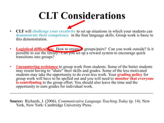 CLT Considerations
• CLT will challenge your creativity to set up situations in which your students can
demonstrate their competency in the four language skills. Group work is basic to
this demonstration.
• Logistical difficulties: How to organize groups/pairs? Can you work outside? Is it
possible to use the library? Can you set up a reward system to encourage quick
transitions into groups?
• Encountering resistance to group work from students. Some of the better students
may resent having to "share" their skills and grades. Some of the less motivated
students may take the opportunity to do even less work. Your grading policy for
group work will have to be spelled out and you will need to monitor that everyone
is contributing to the group effort. You should also leave the time and the
opportunity to earn grades for individual work.
______________________________________________________________________
Source: Richards, J. (2006). Communicative Language Teaching Today (p. 14). New
York, New York: Cambridge University Press.
 