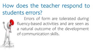 How does the teacher respond to
students errors?
Errors of form are tolerated during
fluency-based activities and are seen as
a natural outcome of the development
of communication skills.
 