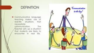 DEFINITION
 Communicative language
teaching makes use of
real-life situations that
necessitate
communication. The
teacher sets up a situation
that students are likely to
encounter in real life.
 