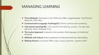 MANAGING LEARNING
 Three Methods: Developed in the 1970s and 1980s, Suggestopedia, Total Physical
Response, Silent Way,
 Communicative Language Teaching(CLT): Desire communicate something
 Task-based Learning(TBL): Task central to the learning process: Pre task, task,
planning, report, language focus
 The Lexical Approach: Is based on the assertion that language not traditional
language
 Methods and Culture: Native speakerism to describe teaching methodology
 Making Choices: six strands: Affect, input, output, grammar, cognitive effort
 