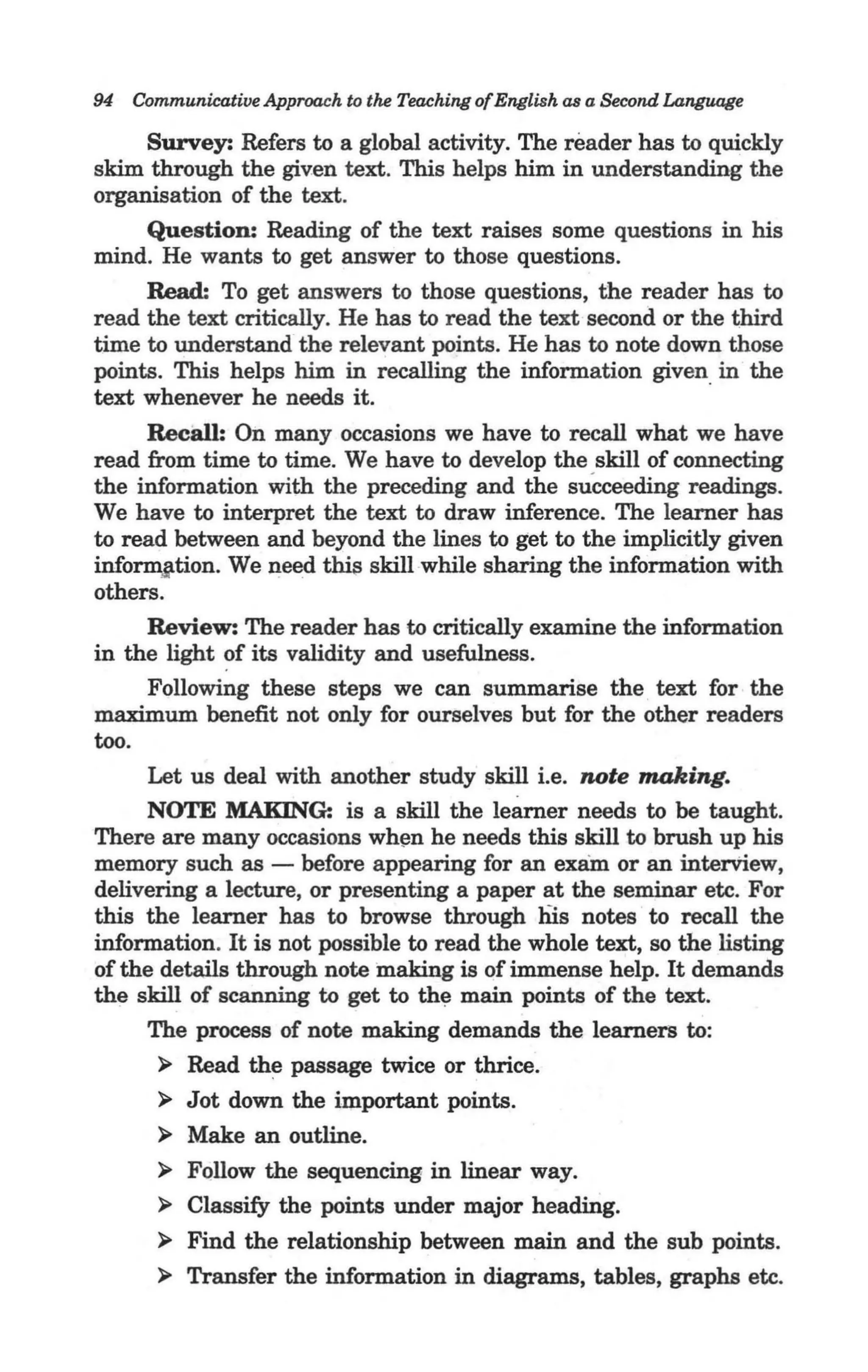 94 Communicative Approach to the Teaching of English as a Second Language

     Survey: Refers to a global activity. The reader has to quickly
skim through the given text. This helps him in understanding the
organisation of the text.
     Question: Reading of the text raises some questions in his
mind. He wants to get answer to those questions.
     Read: To get answers to those questions, the reader has to
read the text critically. He has to read the text second or the third
time to understand the relevant points. He has to note down those
points. This helps him in recalling the information given in the
text whenever he needs it.                                    .
     Recall: On many occasions we have to recall what we have
read from time to time. We have to develop the skill of connecting
the information with the preceding and the succeeding readings.
We have to interpret the text to draw inference. The learner has
to read between and beyond the lines to get to the implicitly given
inform;tion. We need thi$ skill·while sharing the information with
others.
     Review: The reader has to critically examine the information
in the light of its validity and usefulness.
     Following these steps we can summarise the . text for · the
maximum benefit not only for ourselves but for the other readers
too.
      Let us deal with another study skill i.e. note making.
      NOTE MAKING: is a skill the learner needs to be taught.
There are many occasions wh~n he needs this skill to brush up his
memory such as - before appearing for an exam or an interView,
delivering a lecture, or presenting a paper at the seminar etc. For
this the learner has to browse through rus notes to recall the
information. It is not possible to read the whole text, so the listing
of the details through note making is of immense help. It demands
the skill of scanning to get to the main points of the text.
     The process of note making demands the learners to:
       ~ Read the passage twice or thrice.

       ~ Jot down the important points.

       ~ Make an outline.

       ~ Follow the sequencing in linear way.

       ~ Classify the points under major heading.

       ~   Find the relationship between main and the sub points.
       ~   Transfer the information in diagrams, tables, graphs etc.
 