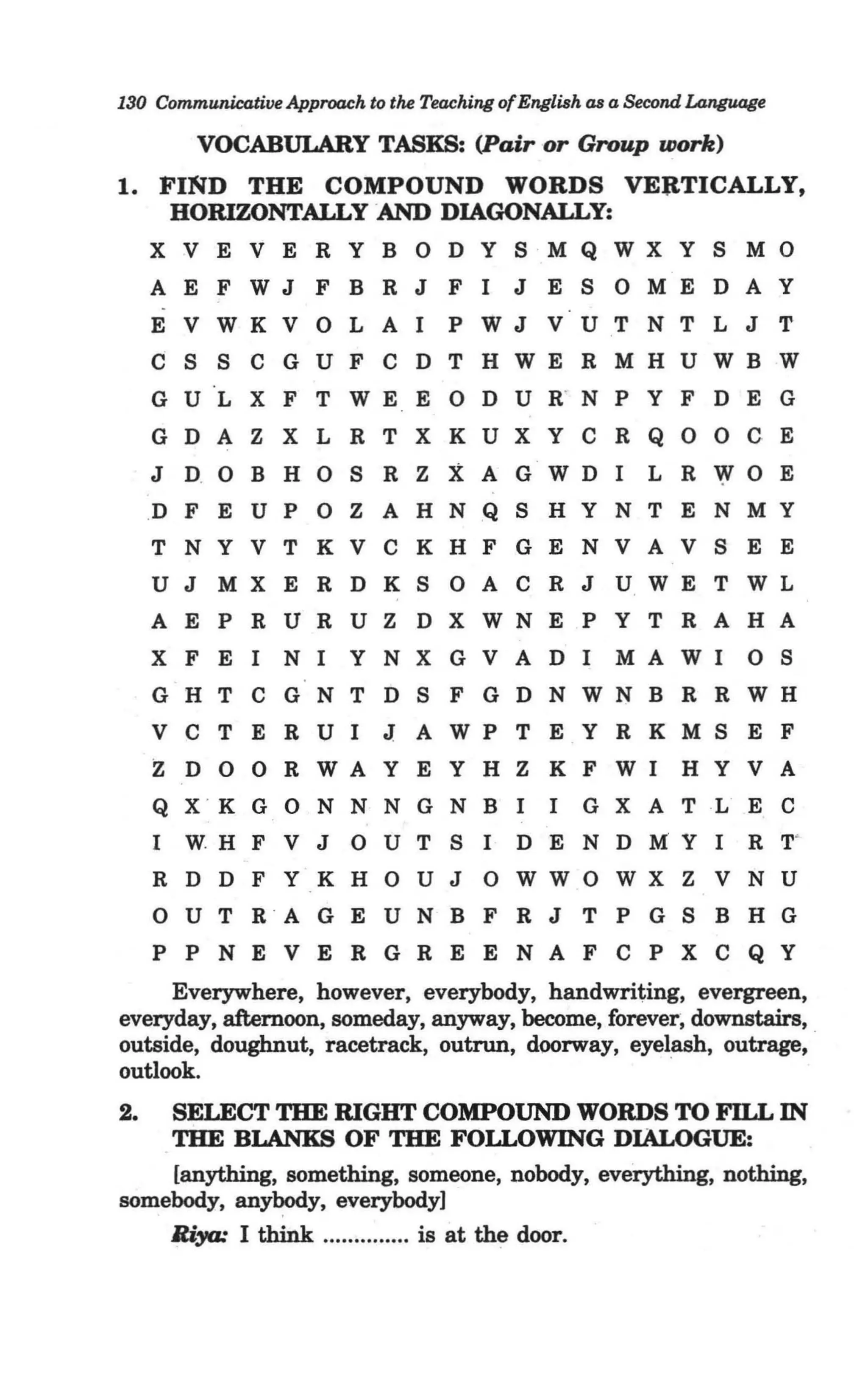 130 Communicative Approach to the Teaching of English as a Second Language

           VOCABULARY TASKS: <Pair or Group work)
1. FIND THE COMPOUND WORDS VEltTICALLY,
    HORIZONTALLY 'A ND DIAGONALLY:
      X V EVE R Y BOD Y S M Q W X Y S M 0
      AEFWJFBRJFI JESOMEDAY
      EVWKVOLAI PWJVUTNTLJT
      CSSCGUFCDTHWERMHUWBW
      G U L X F T WEE 0 D U R' N P Y F D E G
      G D A Z X L R T X K U X Y C R Q 0 0 C E
      J D, 0 B H 0 S R Z X A G W D I L R WOE
     .D FEU P 0 Z A H NQ SHY N TEN M Y
      T N Y V T K V C K H F G E N V A V SEE
      UJMXERDK80ACRJUWETWL
      AEPRURUZ DXWNEPYTRAHA
      XFEI NI YNXGVADI MAWI 08
      G H T C G N T D 8 F G D N WN B R R WH
      VCTERUI JAWPTEYRKM8EF
      ZDOORWAYEYHZKFWI HYVA
      Q X ' K G 0 N N N G N B I I G X A TL E C
      I WHFVJ OUTSI DENDMYI RT"
      RDDFYKHOUJOWWOWXZVNU
      OUT RA G E U N B F R J T P G 8 B H G
      P P N EVE R G R E E N A F C P X C Q Y
         Everywhere, however, everybody, handwriting, evergreen,
everyday,afternoon,soIneday,anyway,becoIne,foreve~do~~,
outside, doughnut, racetrack, outrun, doorway, eyelash, outrage,
outlook.                                           .
2.   SELECT THE RIGHT COMPOUND WORDS TO FILL IN
     THE BLANKS OF THE FOLLOWING DIALOGUE:
     [anything, sOInething, SOIneone, nobody, everything, nothing,
soInebody, anybody, everybody]
     ,            ,


     lUya: I think .............. is at the door.
 