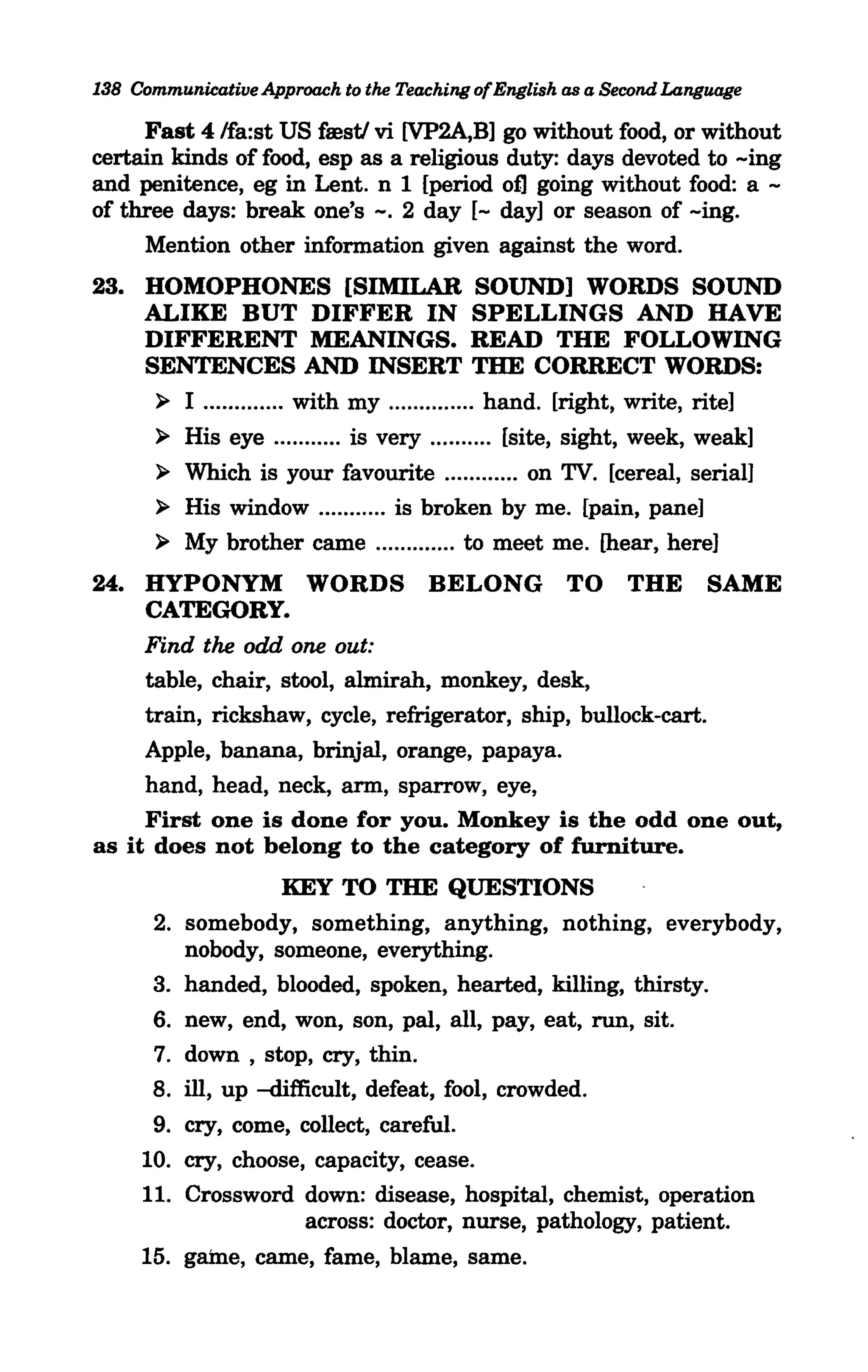 138 Communicative Approach to the Teaching of English as a Second Language

     Fast 4 Ifa:st US fmst! vi [VP2A,B] go without food, or without
certain kinds of food, esp as a religious duty: days devoted to -ing
and penitence, eg in Lent. n 1 [period ot] going without food: a -
of three days: break one's -. 2 day [- day] or season of -ing.
     Mention other information given against the word.
23. HOMOPHONES [SIMILAR SOUND] WORDS SOUND
    ALIKE BUT DIFFER IN SPELLINGS AND HAVE
    DIFFERENT MEANINGS. READ THE FOLLOWING
    SENTENCES AND INSERT THE CORRECT WORDS:
     ~ I ............. with my .............. hand. [right, write, rite]

     ~ His eye ........... is very ....... ... [site, sight, week, weak]

       ~   Which is your favourite ............ on TV. [cereal, serial]
       ~   His window ........... is broken by me. [pain, pane]
       ~   My brother came ............. to meet me. [hear, here]
24. HYPONYM WORDS BELONG TO THE SAME
     CATEGORY.
     Find the odd one out:
     table, chair, stool, almirah, monkey, desk,
     train, rickshaw, cycle, refrigerator, ship, bullock-cart.
     Apple, banana, brinjal, orange, papaya.
     hand, head, neck, arm, sparrow, eye,
     First one is done for you. Monkey is the odd one out,
as it does not belong to the category of furniture.
                     KEY TO THE QUESTIONS
      2.   somebody, something, anything, nothing, everybody,
           nobody, someone, everything.
      3.   handed, blooded, spoken, hearted, killing, thirsty.
      6.   new, end, won, son, pal, all, pay, eat, run, sit.
      7.   down, stop, cry, thin.
      8.   ill, up -difficult, defeat, fool, crowded.
      9. cry, come, collect, careful.
     10. cry, choose, capacity, cease.
     11. Crossword down: disease, hospital, chemist, operation
                     across: doctor, nurse, pathology, patient.
     15. game, came, fame, blame, same.
 