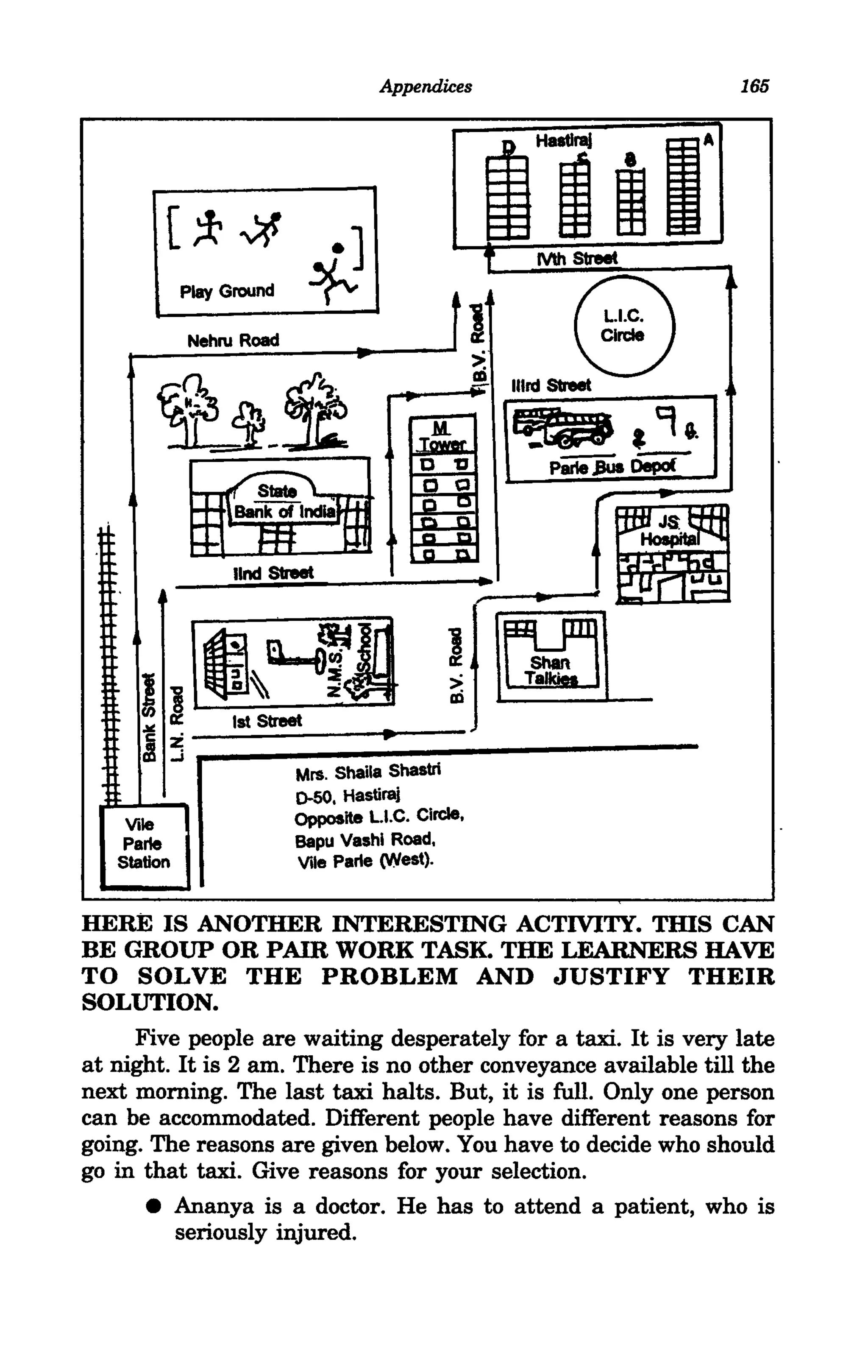Appendices                                               165




         [:l'       ~               .]                     iiil"
                                                           t       Mh street

                                ~
                                                                         @
             Play Ground


               NehN Road                           11>.                        Circle

                                                        ~


        ~~
                                                                IIIrd Street

        M~~_ ~                                                  ~~9i.
                                               ~
                                               o "                   parieiUs o;pcj(
               --~
                                               o CI
               - .. Bank of India              o     ~




                                                                                II
                                               o
               -~ m                        ~
                                                     0
                                               I:L ...D.                            HoIpita

                    lind   street
                                               o--.n..
                                                           ..                                 u




         1
     I a::
      J z;
         ..J
                8 fl....e5A [~
                 .~ 3~
                   1st Street
                                         •
                                                   ~lrool
                              Mrs. Shaila ShaStri
                              0-50. Hastiraj
                              OppoSite L.I.C. Circle.
    Vile
    Parte                     Bapu Vashl Road.
   Station                    Vile Parle (West).


HERE IS ANOTHER INTERESTING ACTIVITY. TIllS CAN
BE GROUP OR PAIR WORK TASK. THE LEARNERS HAVE
TO SOLVE THE PROBLEM AND JUSTIFY THEIR
SOLUTION.
     Five people are waiting desperately for a taxi.. It is very late
at night. It is 2 am. There is no other conveyance available till the
next morning. The last taxi. halts. But, it is full. Only one person
can be accommodated. Different people have different reasons for
going. The reasons are given below. You have to decide who should
go in that taxi.. Give reasons for your selection.
      • Ananya is a doctor. He has to attend a patient, who is
          seriously injured.
 