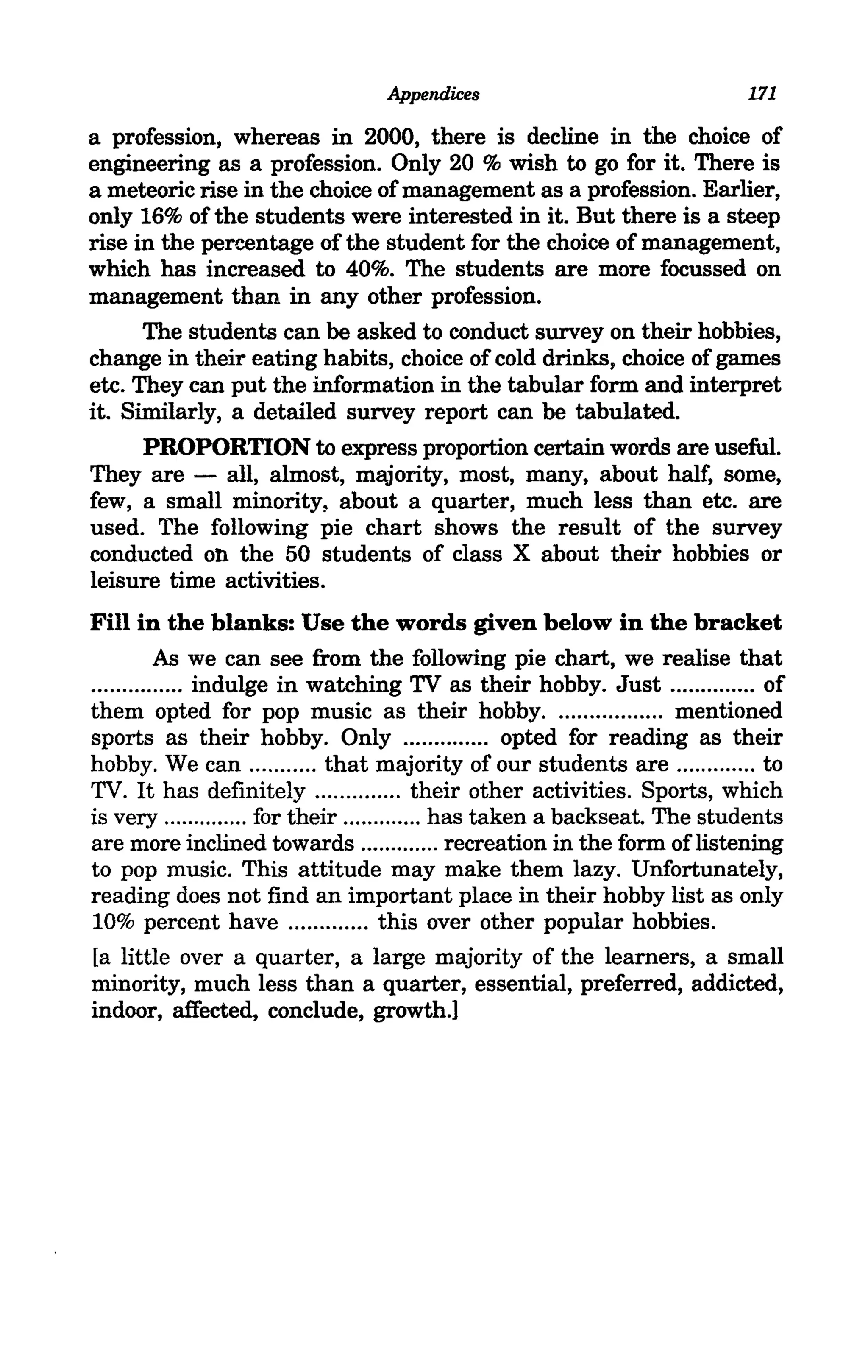 Appendices                                171

a profession, whereas in 2000, there is decline in the choice of
engineering as a profession. Only 20 % wish to go for it. There is
a meteoric rise in the choice of management as a profession. Earlier,
only 16% of the students were interested in it. But there is a steep
rise in the percentage of the student for the choice of management,
which has increased to 40%. The students are more focussed on
management than in any other profession.
      The students can be asked to conduct survey on their hobbies,
change in their eating habits, choice of cold drinks, choice of games
etc. They can put the information in the tabular form and interpret
it. Similarly, a detailed survey report can be tabulated.
      PROPORTION to express proportion certain words are useful.
They are - all, almost, majority, most, many, about half, some,
few, a small minority, about a quarter, much less than etc. are
used. The following pie chart shows the result of the survey
conducted ob the 50 students of class X about their hobbies or
leisure time activities.
Fill in the blanks: Use the words given below in the bracket
          As we can see from the following pie chart, we realise that
............... indulge in watching TV as their hobby. Just .............. of
them opted for pop music as their hobby. ................. mentioned
sports as their hobby. Only .............. opted for reading as their
hobby. We can ........... that majority of our students are ............. to
TV. It has definitely .............. their other activities. Sports, which
is very .............. for their ............. has taken a backseat. The students
are more inclined towards ............. recreation in the form oflistening
to pop music. This attitude may make them lazy. Unfortunately,
reading does not find an important place in their hobby list as only
10% percent have ............. this over other popular hobbies.
[a little over a quarter, a large majority of the learners, a small
minority, much less than a quarter, essential, preferred, addicted,
indoor, affected, conclude, growth.]
 
