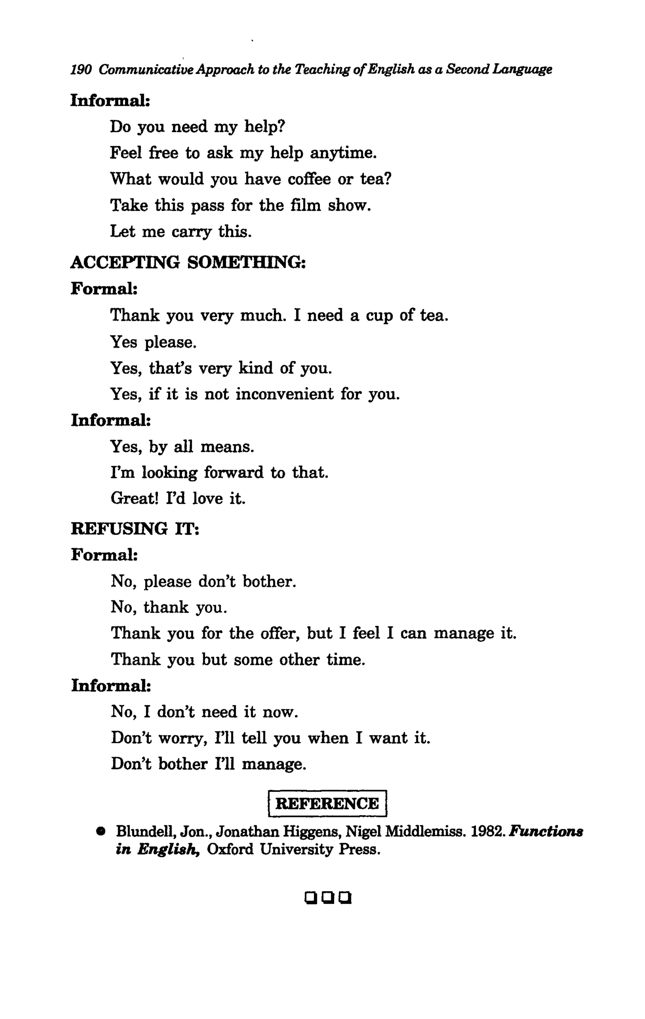190 Communicative Approach to the Teaching ofEnglish as a Second Language

Informal:
     Do you need my help?
     Feel free to ask my help anytime.
     What would you have coffee or tea?
     Take this pass for the film show.
     Let me carry this.
ACCEPTING SOMETHING:
Formal:
    Thank you very much. I need a cup of tea.
     Yes please.
     Yes, that's very kind of you.
     Yes, if it is not inconvenient for you.
Informal:
     Yes, by all means.
     I'm looking forward to that.
     Great! I'd love it.
REFUSING IT:
Formal:
     No, please don't bother.
     No, thank you.
     Thank you for the offer, but I feel I can manage it.
     Thank you but some other time.
Informal:
     No, I don't need it now.
     Don't worry, I'll tell you when I want it.
     Don't bother I'll manage.

                             IREFERENCE I
   • Blundell, Jon., Jonathan Higgens, Nigel Middlemiss. 1982. Functions
     in English, Oxford University Press.

                                   QQQ
 