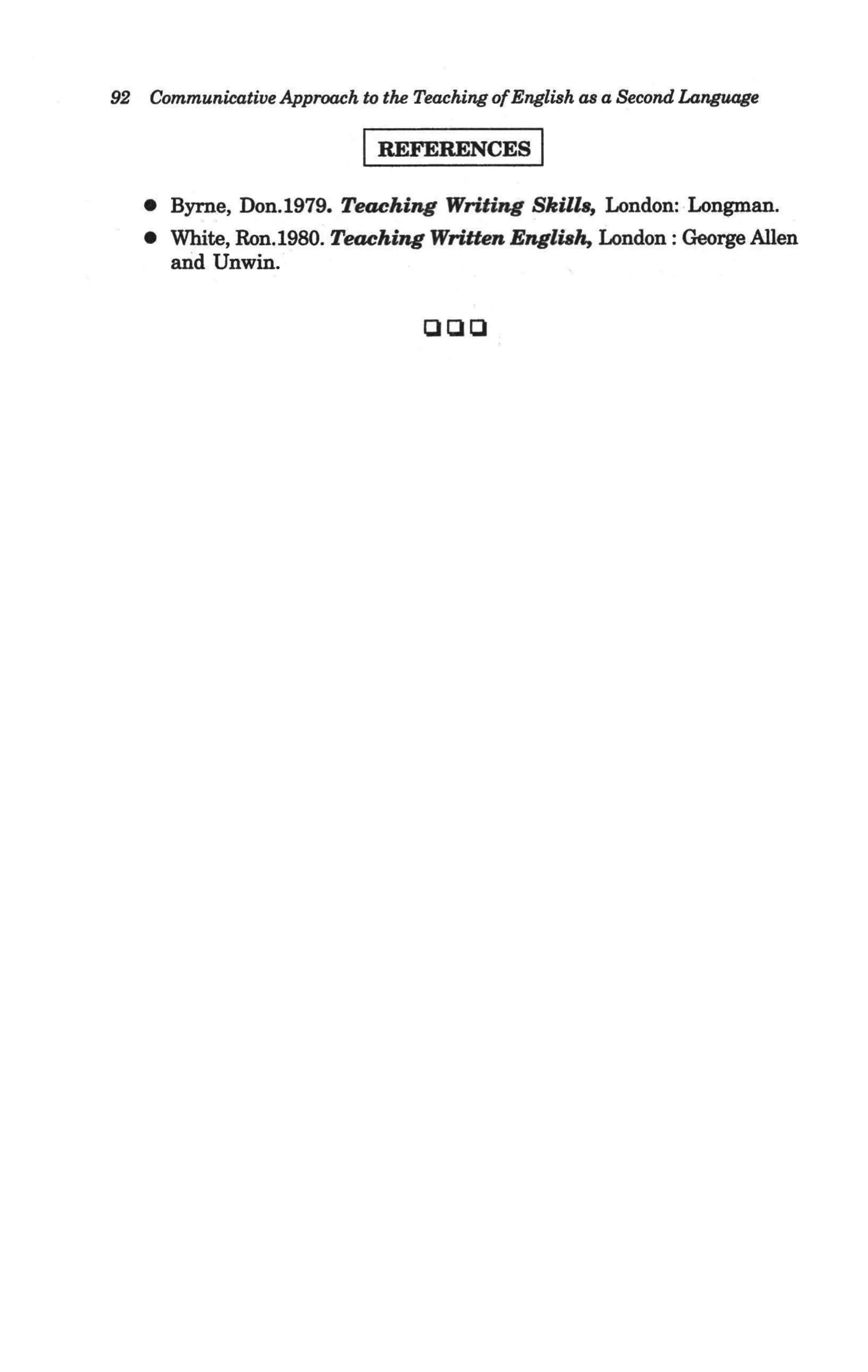 92   Communicative Approach to the Teaching ofEnglish as a Second Language

                            I REFERENCES I
     • Byrne, Don.1979. Teaching Writing SkillB, London: Longman.
     • White, Ron.1980. Teaching Written EngliBh, London: George Allen
       and Unwin.


                                   000
 