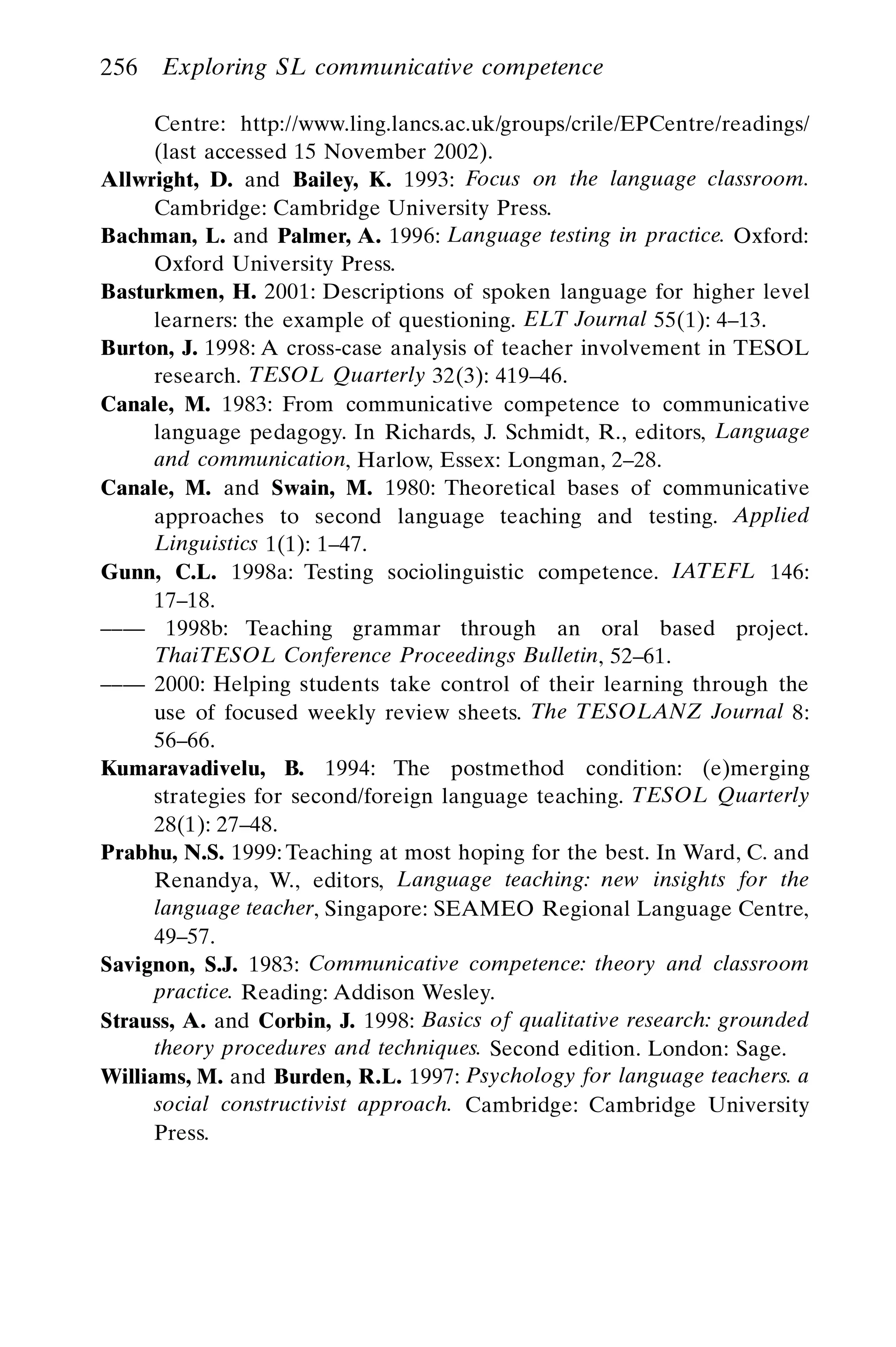 256 Exploring SL communicative competence
Centre: http://www.ling.lancs.ac.uk/groups/crile/EPCentre/readings/
(last accessed 15 November 2002).
Allwright, D. and Bailey, K. 1993: Focus on the language classroom.
Cambridge: Cambridge University Press.
Bachman, L. and Palmer, A. 1996: Language testing in practice. Oxford:
Oxford University Press.
Basturkmen, H. 2001: Descriptions of spoken language for higher level
learners: the example of questioning. ELT Journal 55(1): 4–13.
Burton, J. 1998: A cross-case analysis of teacher involvement in TESOL
research. TESOL Quarterly 32(3): 419–46.
Canale, M. 1983: From communicative competence to communicative
language pedagogy. In Richards, J. Schmidt, R., editors, Language
and communication, Harlow, Essex: Longman, 2–28.
Canale, M. and Swain, M. 1980: Theoretical bases of communicative
approaches to second language teaching and testing. Applied
Linguistics 1(1): 1–47.
Gunn, C.L. 1998a: Testing sociolinguistic competence. IATEFL 146:
17–18.
–––– 1998b: Teaching grammar through an oral based project.
ThaiTESOL Conference Proceedings Bulletin, 52–61.
–––– 2000: Helping students take control of their learning through the
use of focused weekly review sheets. The TESOLANZ Journal 8:
56–66.
Kumaravadivelu, B. 1994: The postmethod condition: (e)merging
strategies for second/foreign language teaching. TESOL Quarterly
28(1): 27–48.
Prabhu, N.S. 1999: Teaching at most hoping for the best. In Ward, C. and
Renandya, W., editors, Language teaching: new insights for the
language teacher, Singapore: SEAMEO Regional Language Centre,
49–57.
Savignon, S.J. 1983: Communicative competence: theory and classroom
practice. Reading: Addison Wesley.
Strauss, A. and Corbin, J. 1998: Basics of qualitative research: grounded
theory procedures and techniques. Second edition. London: Sage.
Williams, M. and Burden, R.L. 1997: Psychology for language teachers. a
social constructivist approach. Cambridge: Cambridge University
Press.
 