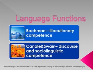 Strategic competence the manner of manipulating language in    order to meet communicative goals. used to compensate communication    disruption caused by lack of communicative     competence and to strengthen     communicative effects.PBET 2113  Group 6 (TESL) Semester 2 AY 2009-2010,  Department of Language & Literacy, Faculty of  Education,  Universiti Malaya KL