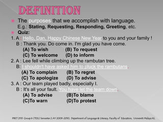 Language FunctionsPBET 2113  Group 6 ( TESL) Semester 2 AY 2009-2010,  Department of Language & Literacy, Faculty of  Education,  Universiti Malaya KL