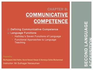  Defining Communicative Competence
 Language Functions
 Halliday’s Seven Functions of Language
 Functional Approaches to Language
Teaching
CHAPTER 8:
COMMUNICATIVE
COMPETENCE
Nurhazwani Abd Halim, Nurul Hanani Hasan & Noraisya Sofea Muhammad
Prepared by:
Instructor: Mr Suthagar Narasuman
SECONDLANGUAGE
ACQUISITION
 