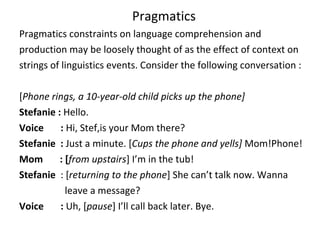 Pragmatics
Pragmatics constraints on language comprehension and
production may be loosely thought of as the effect of context on
strings of linguistics events. Consider the following conversation :
[Phone rings, a 10-year-old child picks up the phone]
Stefanie : Hello.
Voice : Hi, Stef,is your Mom there?
Stefanie : Just a minute. [Cups the phone and yells] Mom!Phone!
Mom : [from upstairs] I’m in the tub!
Stefanie : [returning to the phone] She can’t talk now. Wanna
leave a message?
Voice : Uh, [pause] I’ll call back later. Bye.
 