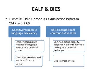 CALP & BICS
• Cummins (1979) proposes a distinction between
CALP and BICS.
 