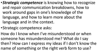 •Strategic competence is knowing how to recognize
and repair communication breakdowns, how to
work around gaps in one’s knowledge of the
language, and how to learn more about the
language and in the context.
•Strategic competence asks:
How do I know when I’ve misunderstood or when
someone has misunderstood me? What do I say
then? How can I express my ideas if I don’t know the
name of something or the right verb form to use?
 