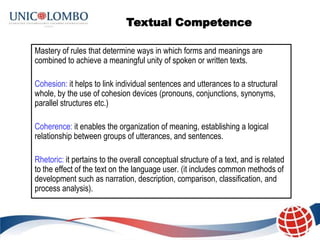 Textual Competence

Mastery of rules that determine ways in which forms and meanings are
combined to achieve a meaningful unity of spoken or written texts.

Cohesion: it helps to link individual sentences and utterances to a structural
whole, by the use of cohesion devices (pronouns, conjunctions, synonyms,
parallel structures etc.)

Coherence: it enables the organization of meaning, establishing a logical
relationship between groups of utterances, and sentences.

Rhetoric: it pertains to the overall conceptual structure of a text, and is related
to the effect of the text on the language user. (it includes common methods of
development such as narration, description, comparison, classification, and
process analysis).
 