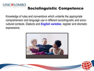 Sociolinguistic Competence

Knowledge of rules and conventions which underlie the appropriate
comprehension and language use in different sociolinguistic and socio-
cultural contexts. Dialects and English varieties, register and idiomatic
expressions.
 
