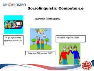 Sociolinguistic Competence

                                  Idiomatic Expressions




 I've got a great stereo                                  Nice shot! High five, dude!
system back at my crib.




                           Holy cow! Did you see that!?
 
