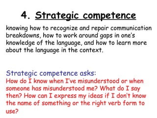 4. Strategic competence
knowing how to recognize and repair communication
breakdowns, how to work around gaps in one’s
knowledge of the language, and how to learn more
about the language in the context.


Strategic competence asks:
How do I know when I’ve misunderstood or when
someone has misunderstood me? What do I say
then? How can I express my ideas if I don’t know
the name of something or the right verb form to
use?
 
