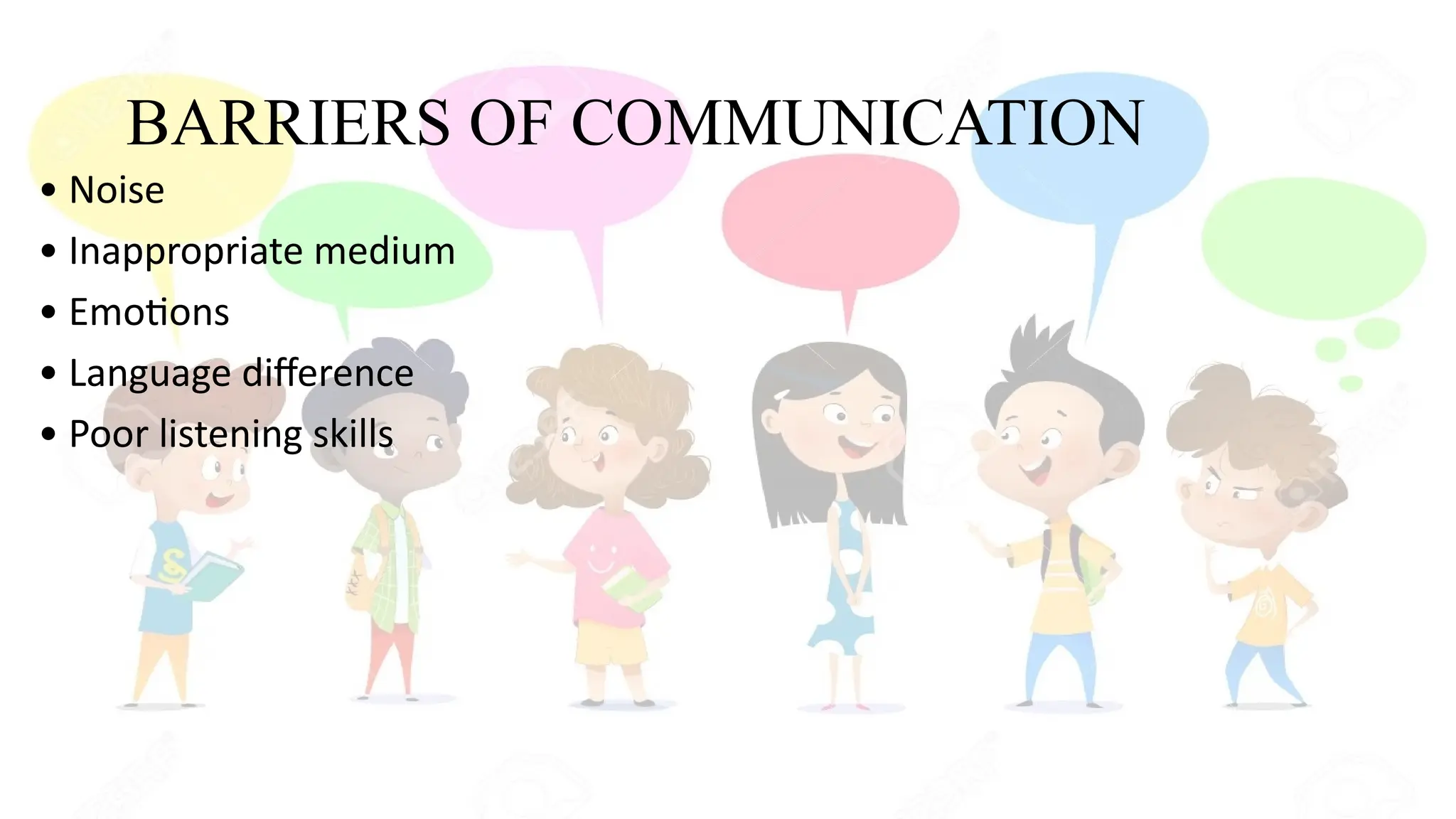 BARRIERS OF COMMUNICATION
• Noise
• Inappropriate medium
• Emotions
• Language difference
• Poor listening skills
 