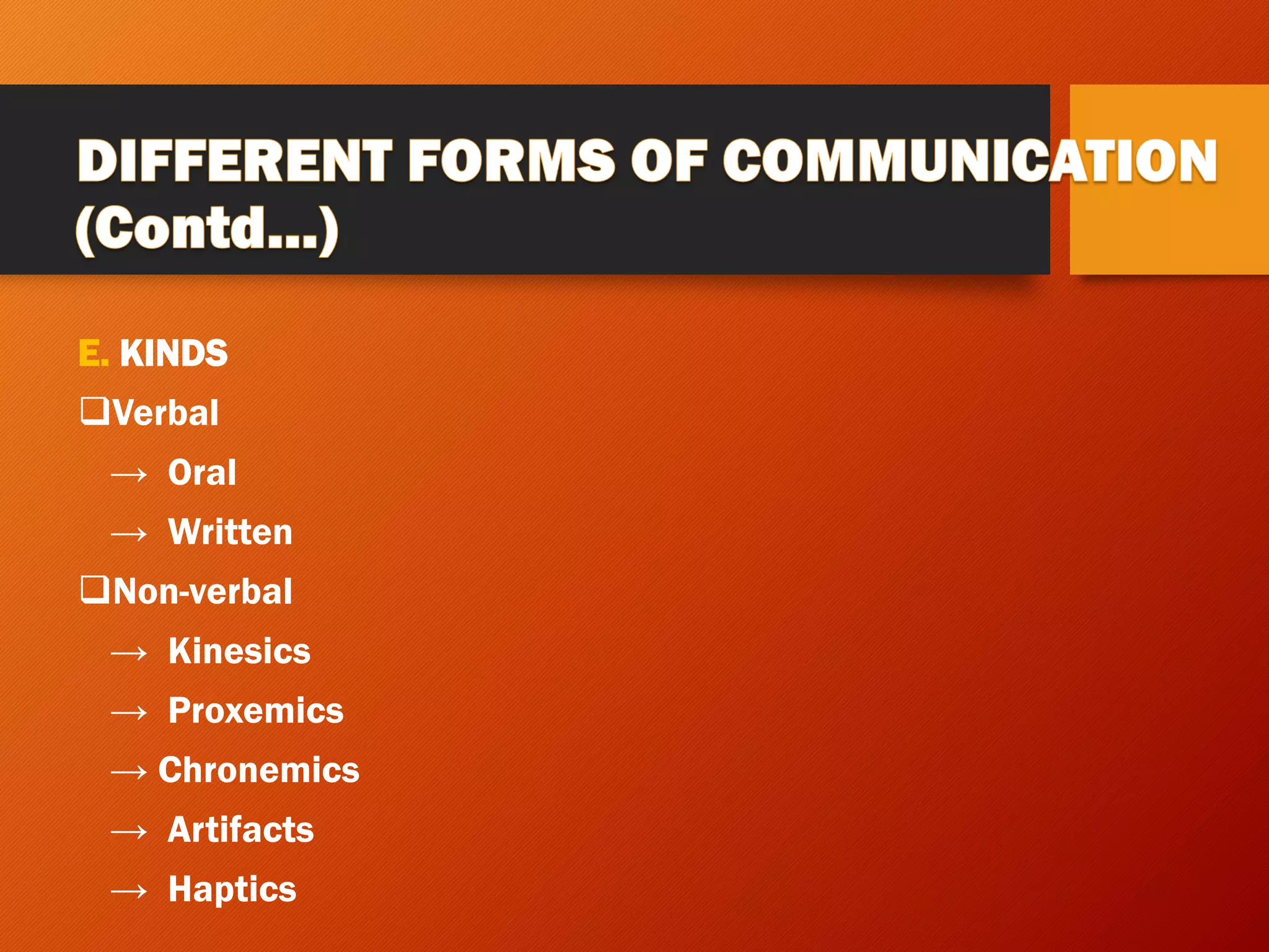 E. KINDS
❑Verbal
→ Oral
→ Written
❑Non-verbal
→ Kinesics
→ Proxemics
→ Chronemics
→ Artifacts
→ Haptics
 