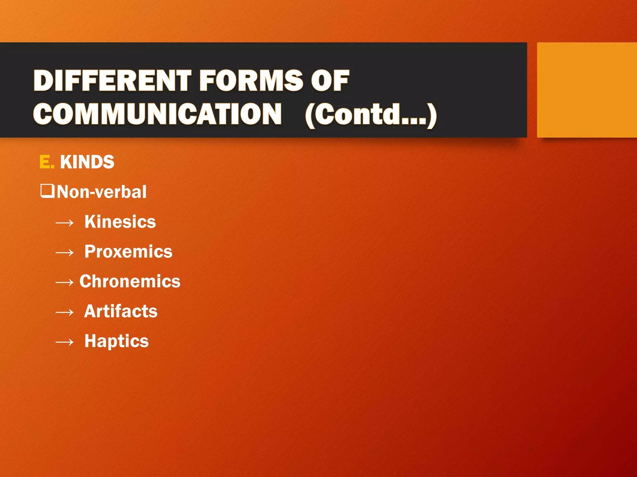 E. KINDS
❑Non-verbal
→ Kinesics
→ Proxemics
→ Chronemics
→ Artifacts
→ Haptics
 
