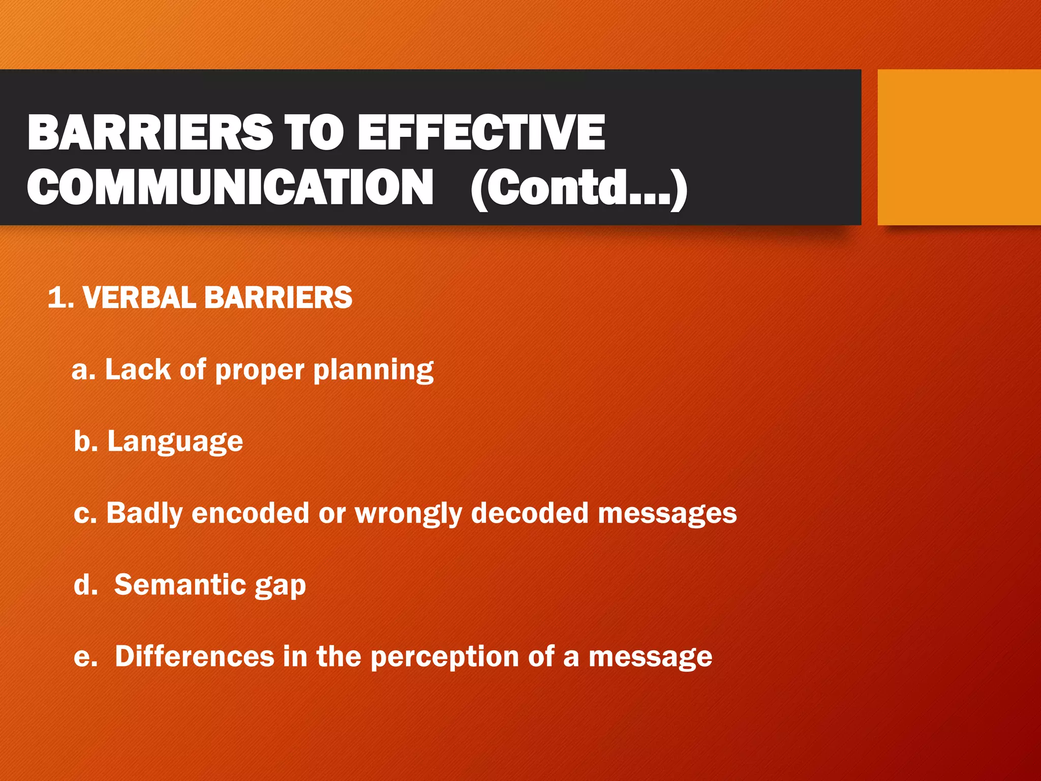 BARRIERS TO EFFECTIVE
COMMUNICATION (Contd…)
1. VERBAL BARRIERS
a. Lack of proper planning
b. Language
c. Badly encoded or wrongly decoded messages
d. Semantic gap
e. Differences in the perception of a message
 