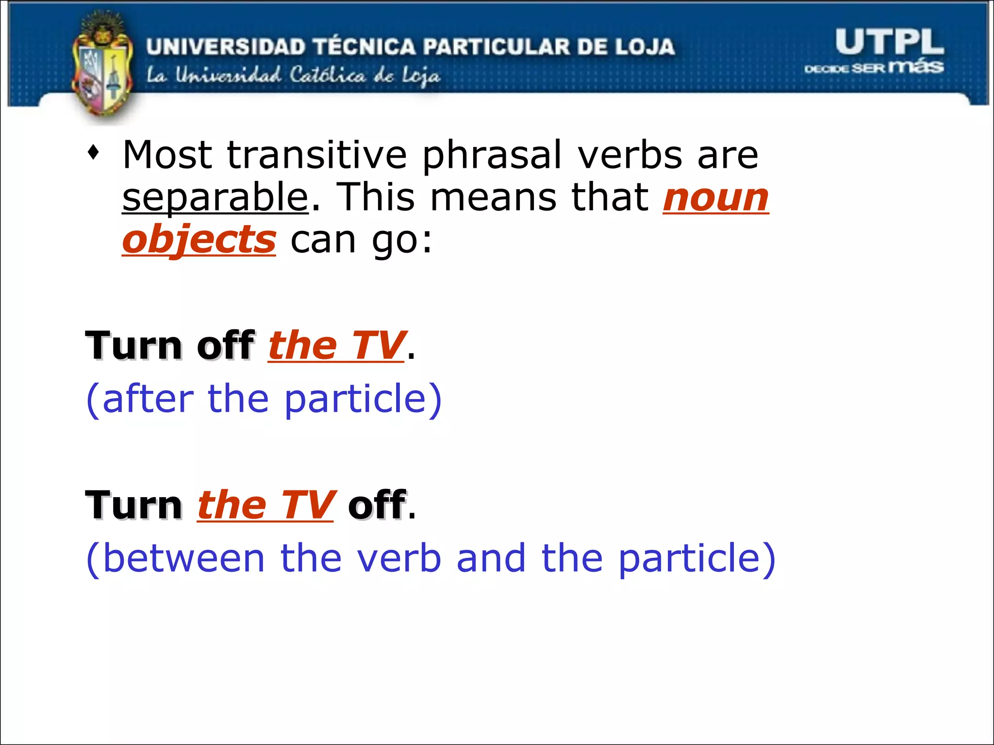 Most transitive phrasal verbs are  separable . This means that  noun objects  can go: Turn off   the TV .  (after the particle) Turn   the TV   off .  (between the verb and the particle) 