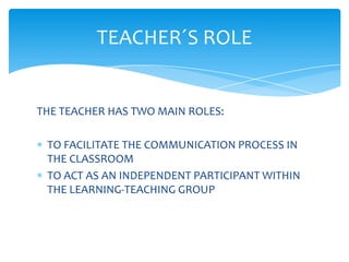 TEACHER´S ROLE


THE TEACHER HAS TWO MAIN ROLES:

 TO FACILITATE THE COMMUNICATION PROCESS IN
 THE CLASSROOM
 TO ACT AS AN INDEPENDENT PARTICIPANT WITHIN
 THE LEARNING-TEACHING GROUP
 