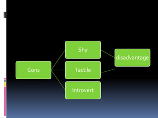 Shy
                   disadvantage

Cons    Tactile


       Introvert
 