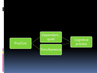 Dependant ,
             quiet       Cognitive
Pro/Con                   process
          Simultaneous
 