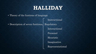 HALLIDAY
• Theory of the funtions of language
Instructional
• Description of seven funtions Regulatory
Interactional
Personal
Heuristic
Imaginative
Representational
 