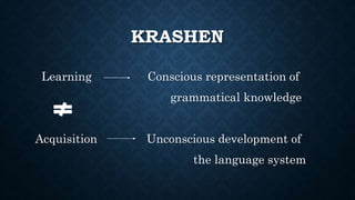 KRASHEN
Learning Conscious representation of
grammatical knowledge
Acquisition Unconscious development of
the language system
 