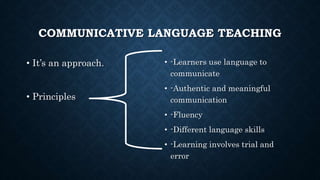 COMMUNICATIVE LANGUAGE TEACHING
• It’s an approach.
• Principles
• -Learners use language to
communicate
• -Authentic and meaningful
communication
• -Fluency
• -Different language skills
• -Learning involves trial and
error
 