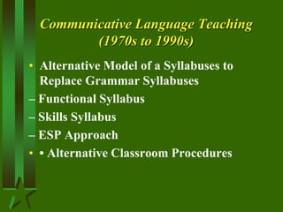 Communicative Language Teaching
(1970s to 1990s)
• Alternative Model of a Syllabuses to
Replace Grammar Syllabuses
– Functional Syllabus
– Skills Syllabus
– ESP Approach
• • Alternative Classroom Procedures
 
