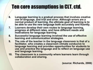 Ten core assumptions in CLT, ctd.
6. Language learning is a gradual process that involves creative
use of language, and trial and error. Although errors are a
normal product of learning, the ultimate goal of learning is to
be able to use the new language both accurately and fluently.
7. Learners develop their own routes to language learning,
progress at different rates, and have different needs and
motivations for language learning.
8. Successful language learning involved the use of effective
learning and communication strategies.
9. The role of the teacher in the language classroom is that of a
facilitator, who creates a classroom climate conducive to
language learning and provides opportunities for students to
use and practice the language and to reflect on language use
and language learning.
10. The classroom is a community where learners learn through
collaboration and sharing.
(source: Richards, 2006)
 